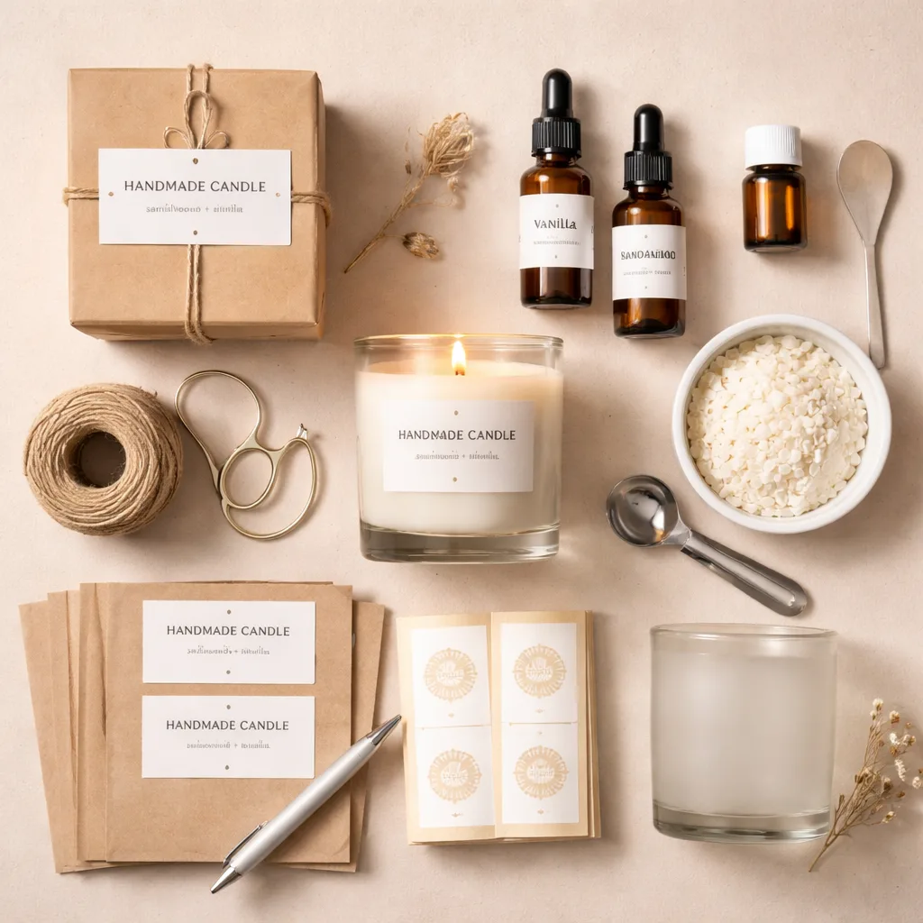 Candle Business Side Hustle: Why It May Be the Best Way to Test a New Brand and Start a New Chapter 5 candle business starter kit with jar candle fragrance oils labels and packaging box arranged neatly