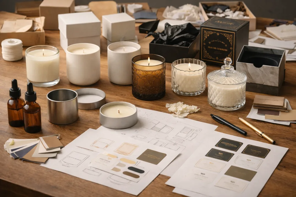 Simplify Custom Candle Design: How to Lower MOQ, Reduce Cost, and Build a Scalable Candle Program 5 candle product development workspace with glass jars molds fragrance oils packaging samples and design sketches on table