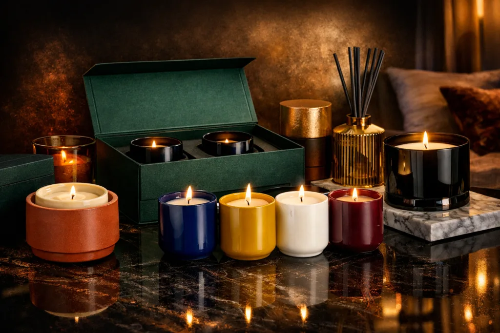 Top 10 Candle Trends 2026 for Private Label Brands 1 Luxury private label candle collection 2026 trends with refill systems, ritual candles, hospitality lines and premium gift packaging in bold jewel tone colors