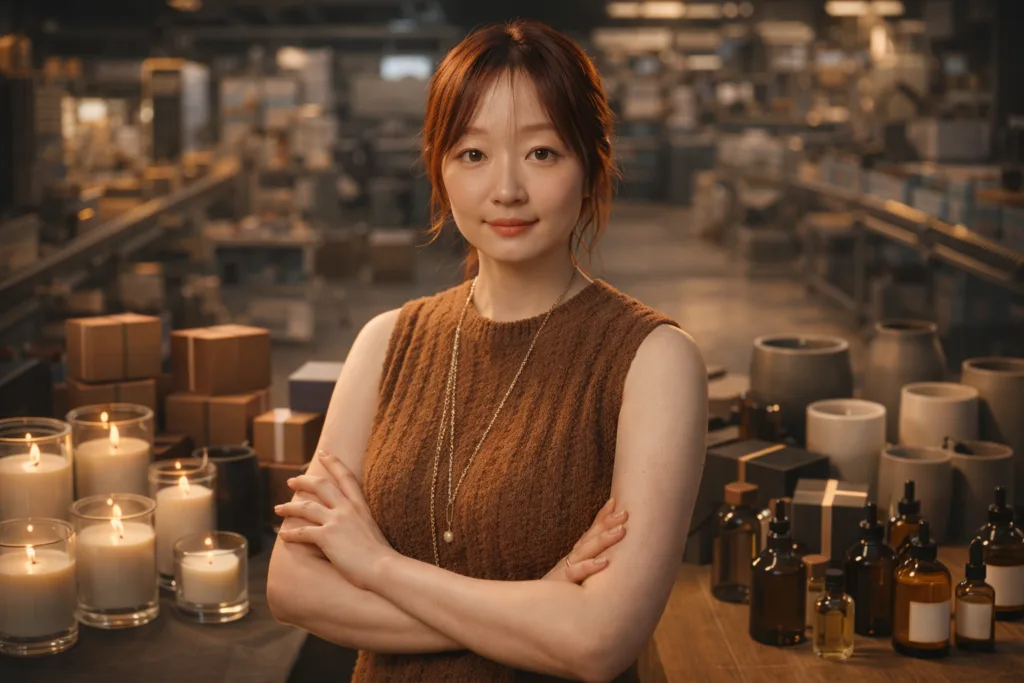Top 9 Reasons Smart Brands Choose Circe Home Over Direct Factories for Custom Scented Candles & Home Fragrance 2 female supply chain strategist coordinating candle production with glass jars, ceramic vessels, fragrance oils and packaging in a luxury editorial scene