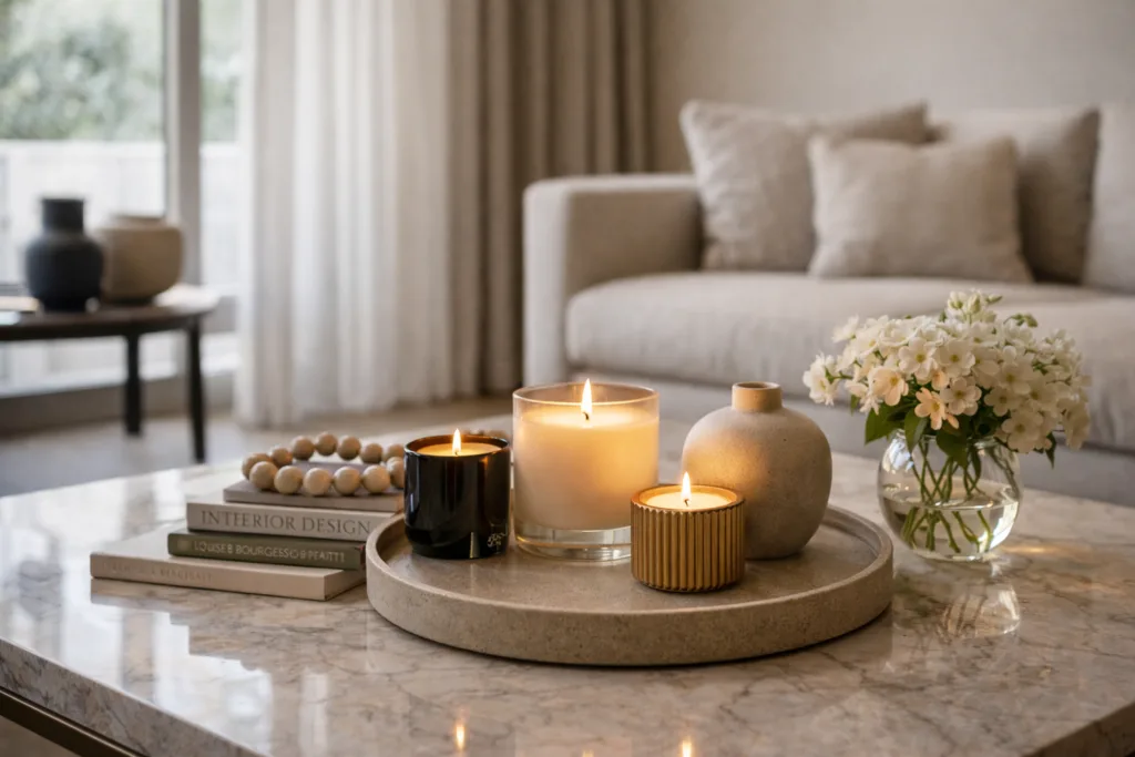 Best Luxury Candles for Interior Design Spaces: How Designers Add Depth, Mood, and Value 2 luxury candle coffee table styling with art books flowers and decorative tray in modern interior design