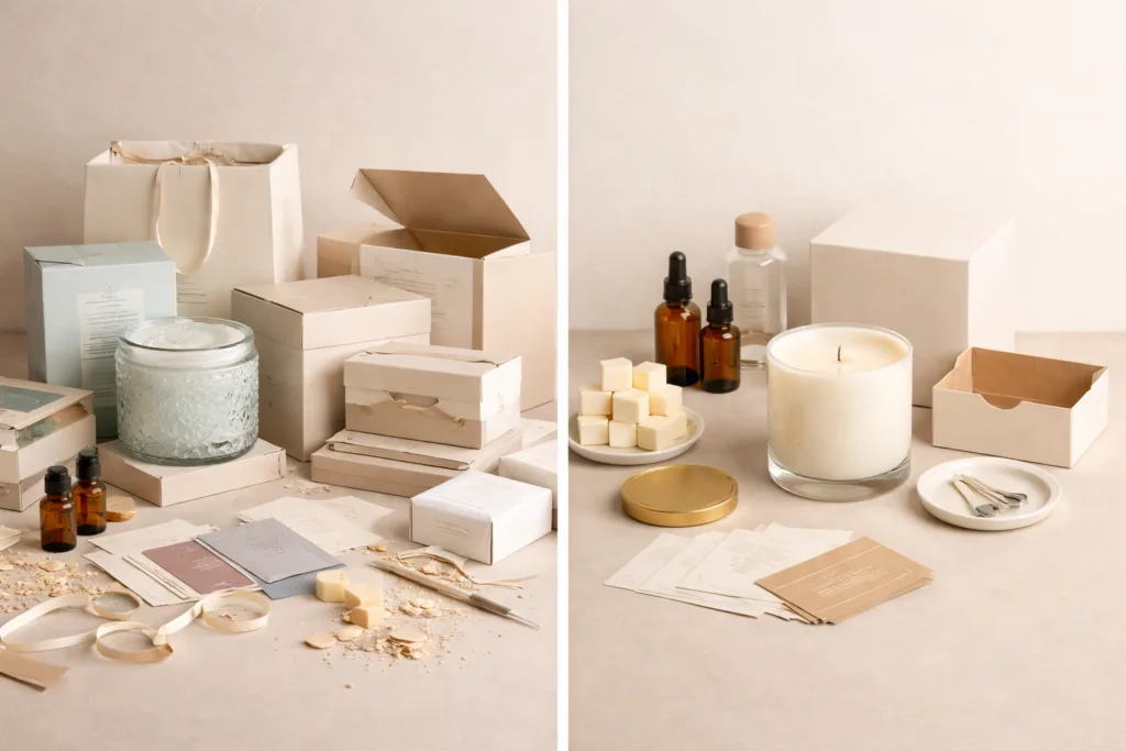 Simplify Custom Candle Design: How to Lower MOQ, Reduce Cost, and Build a Scalable Candle Program 2 comparison between complex custom candle design with many components and simplified candle design with minimal elements clean layout