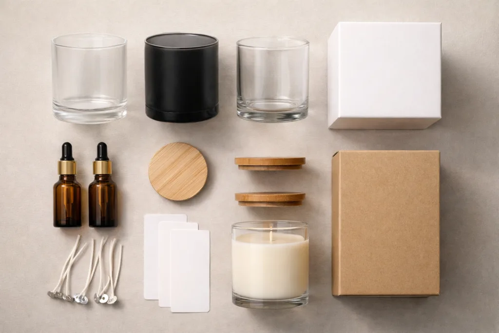 Best Custom 8oz Candles with Logo Wholesale: A Serious Buyer’s Guide to Size, Cost, and Scalable Private Label Production 3 flat lay composition showing customizable elements of a private label candle including glass candle jars, fragrance oil bottles, wooden lids, cotton wicks, labels, and packaging boxes, clean studio setup on neutral background, professional product development workspace, high detail commercial photography, soft lighting, no text, 16:9