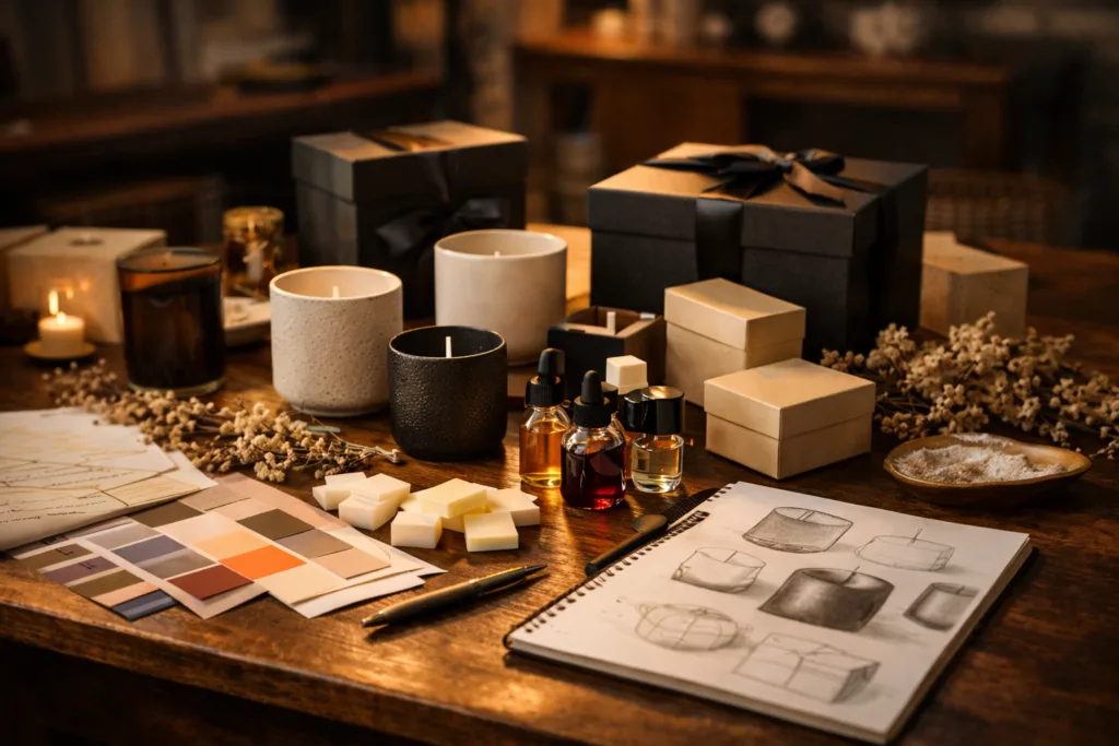 Private Label vs Building Your Own Brand: A Strategic Comparison for Candle Entrepreneurs and Growing Retail Brands 3 designer workspace developing a custom candle brand with fragrance oils, wax samples and packaging prototypes