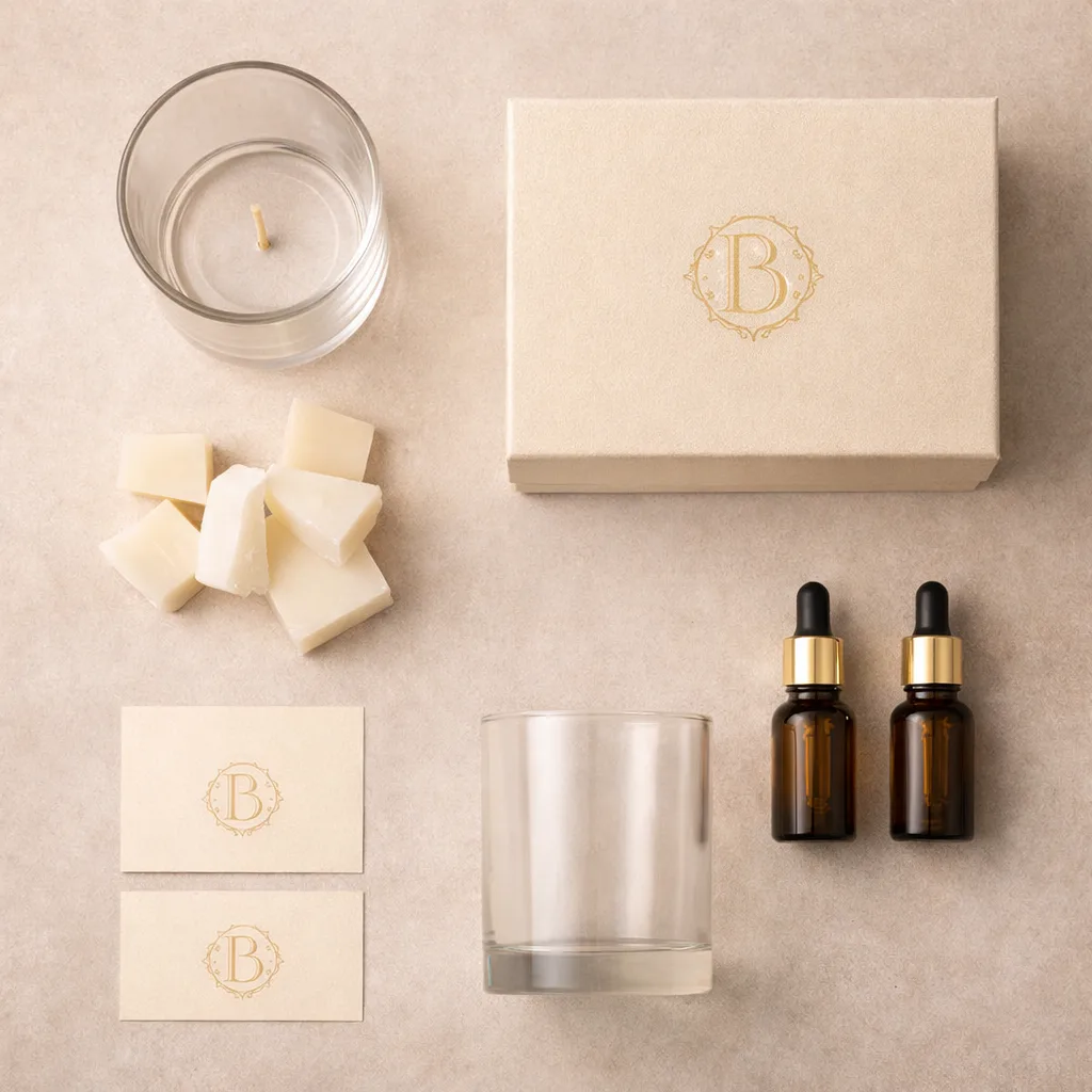 Best Luxury Candle Strategy: Why Custom Luxury Candles Are the Smartest Way to Build a Premium Brand 4 flat lay showing custom candle components including glass jar wax fragrance oil labels and packaging in structured layout