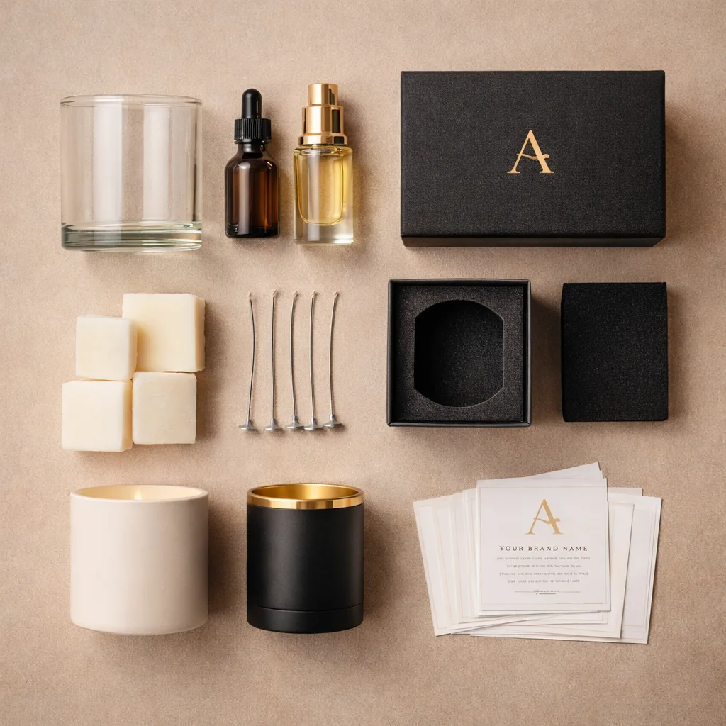 Best Custom Candle MOQ Guide: Why High Customization Costs More 5 components used in custom candle manufacturing including jar wax wick fragrance oil labels and packaging box