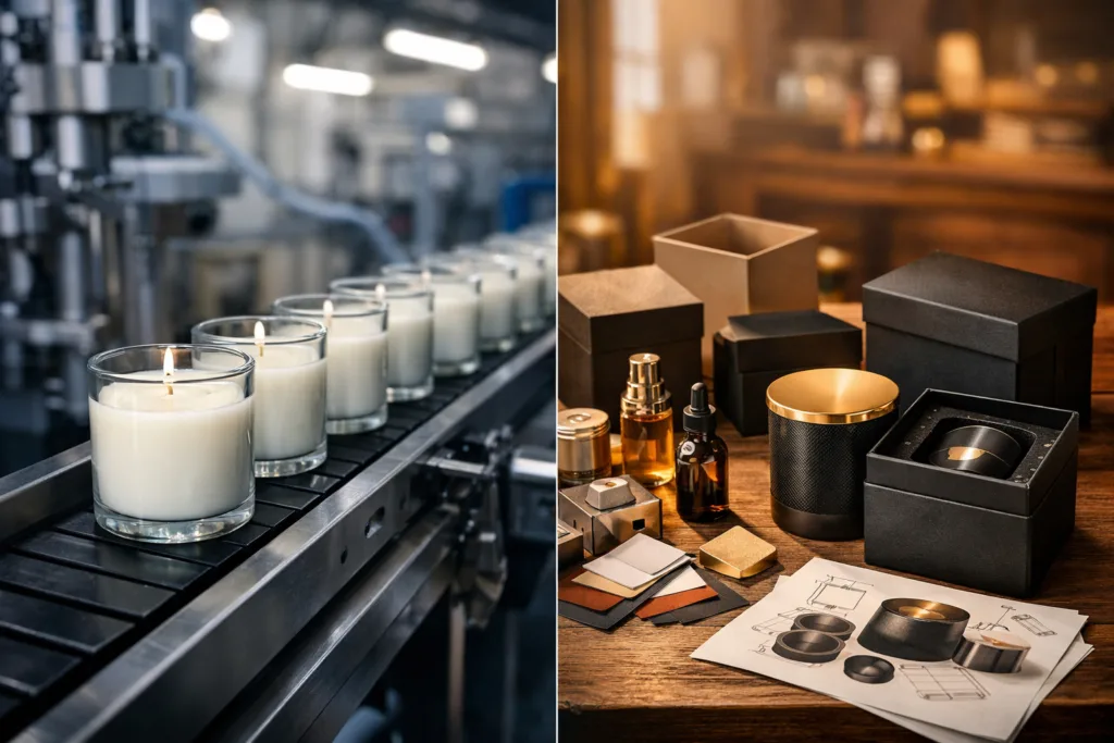 Best Custom Candle MOQ Guide: Why High Customization Costs More 1 comparison between standard candle manufacturing and highly customized luxury candle with custom vessel and premium packaging box