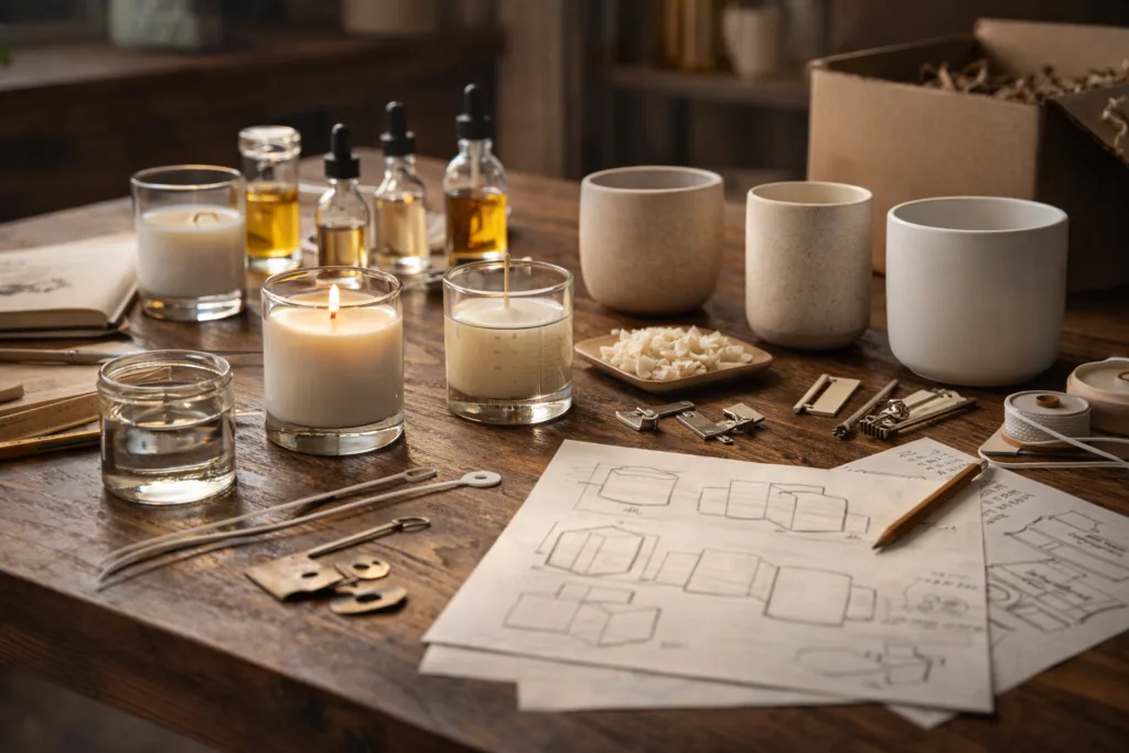 Top 9 Ways Manufacturers Quietly Support Retail Brands (That Most People Never See) 2 candle product development workspace with jars, fragrance oils, wax samples and packaging design illustrating how manufacturers support custom candle creation