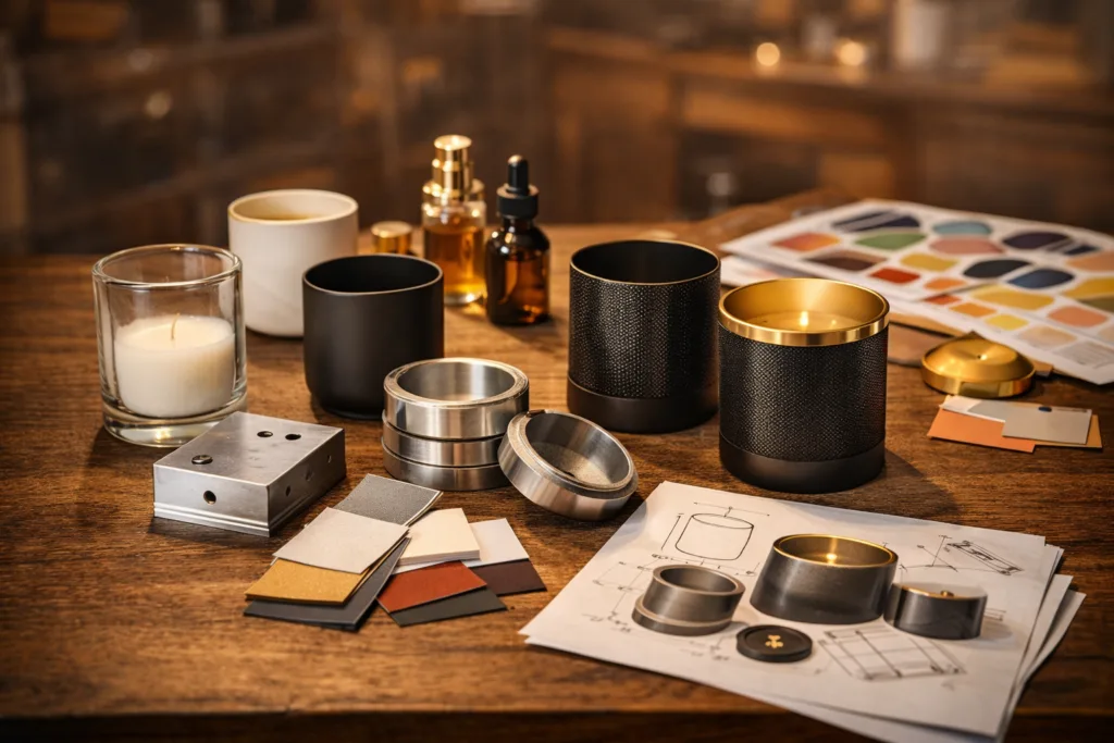 Best Custom Candle MOQ Guide: Why High Customization Costs More 3 custom candle vessel development including glass jars ceramic containers mold samples and product design sketches