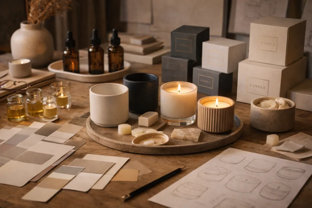Best Luxury Candles for Interior Design Spaces: How Designers Add Depth, Mood, and Value 5 custom luxury candle design process with vessels fragrance oils and packaging prototypes for interior design projects