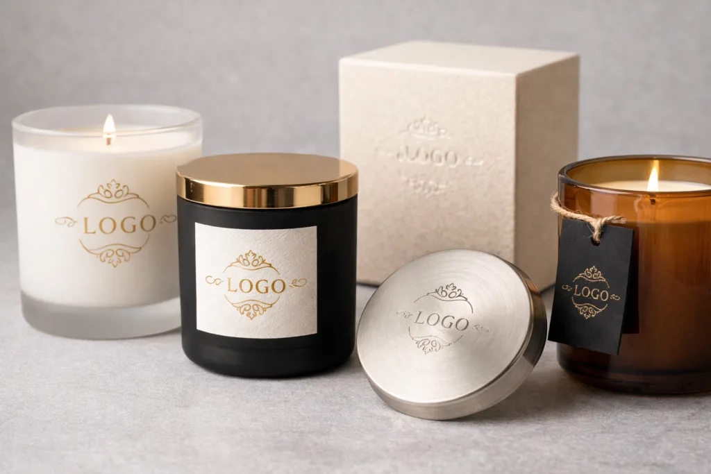 Best Custom Scented Candles with Logo Wholesale 2 different custom logo printing methods on scented candle jars including silk screen printing foil stamping engraved lids and premium labels