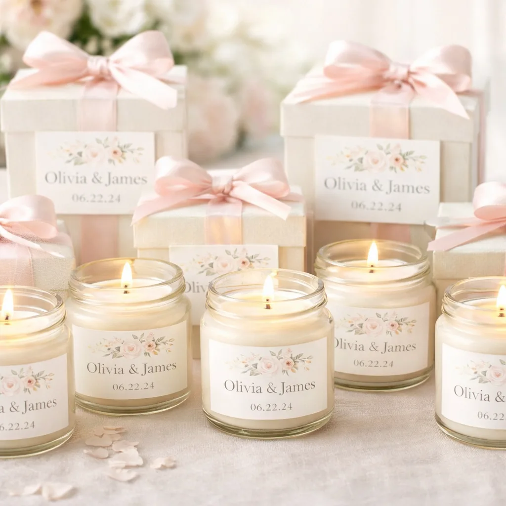 Best Bulk Candles for Wedding: A Complete Wholesale Buying Guide 5 custom wedding candle favors with personalized labels and gift box packaging elegant small candles for wedding guests