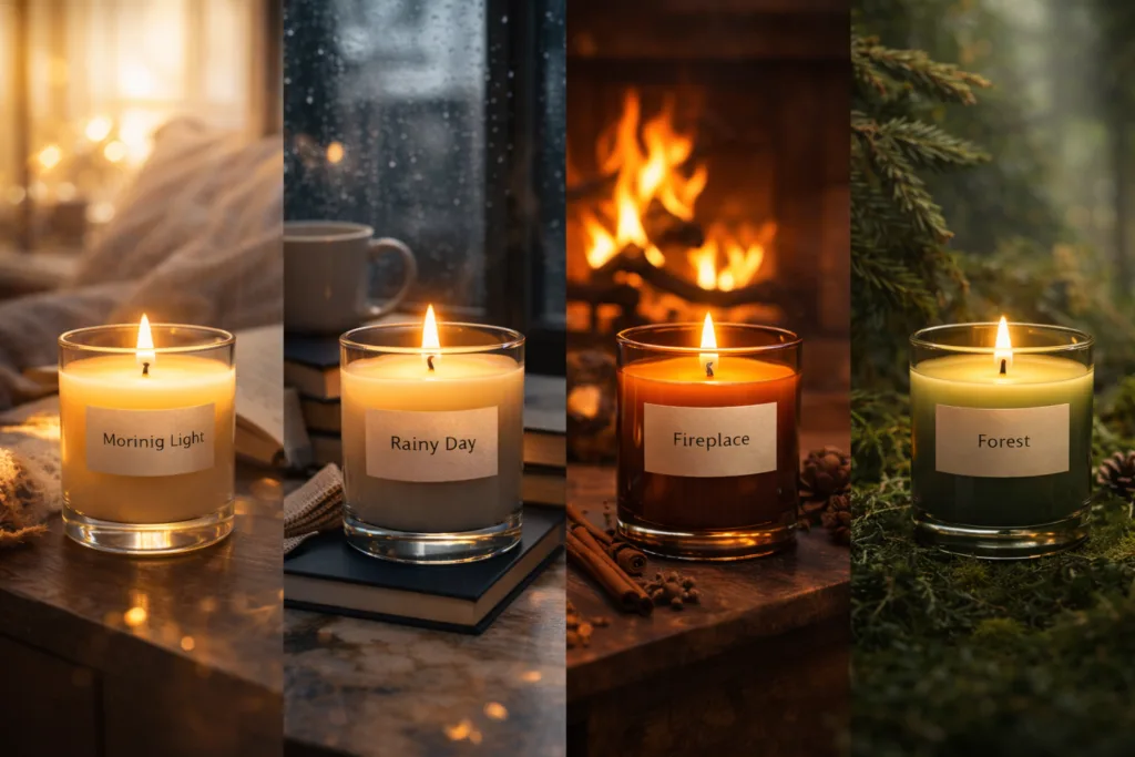 From Perfume to Candles: The Emotional Economics of Scent 5 collection of scented candles styled to represent emotional moods like morning calm fireplace warmth and rainy day relaxation