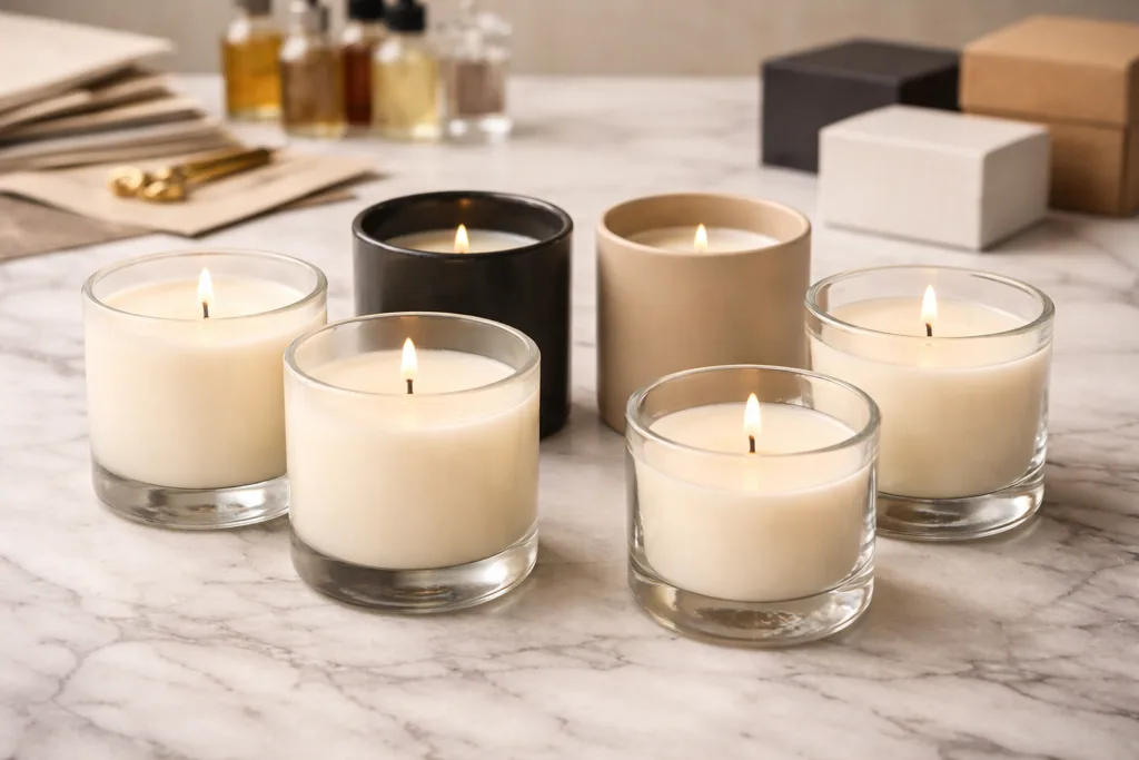 How We Helped a Startup Launch Their Candle Line 3 comparison of glass and ceramic candle vessels used in custom candle line development and private label candle manufacturing