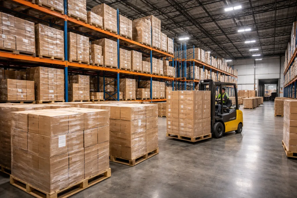 Top 9 Ways Manufacturers Quietly Support Retail Brands (That Most People Never See) 5 warehouse with palletized candle cartons ready for shipment illustrating global logistics support for retail brands