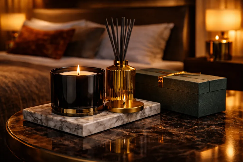 Top 10 Candle Trends 2026 for Private Label Brands 3 Luxury hotel signature candle line displayed in modern boutique hotel interior with warm ambient lighting and premium packaging