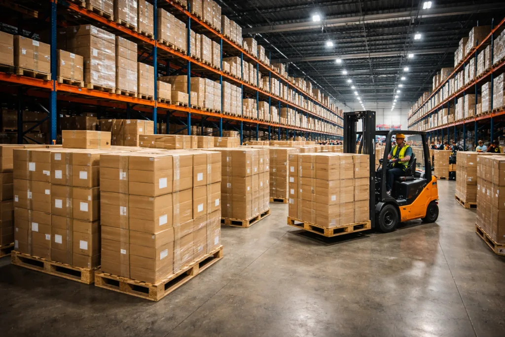 Why Do Manufacturers Require MOQ? The Real Business Logic Behind Minimum Order Quantities 5 Large export warehouse with palletized finished goods showing scale advantages of high volume manufacturing