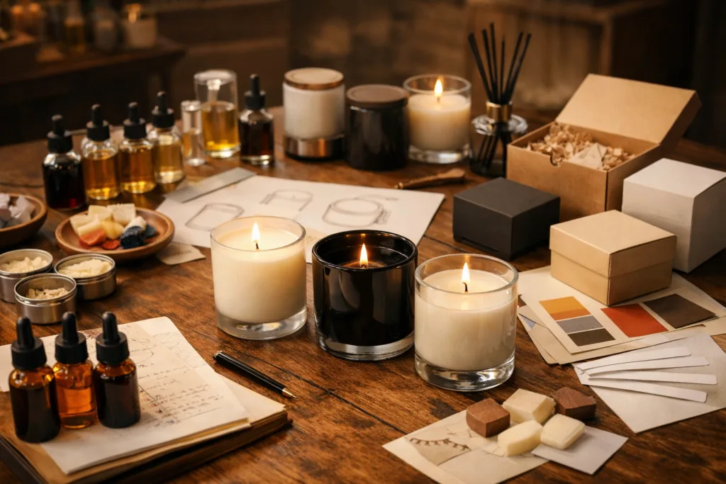 How We Helped a Startup Launch Their Candle Line 1 workspace showing candle brand development with glass candle jars, fragrance oils, wax samples and packaging prototypes for launching a candle line