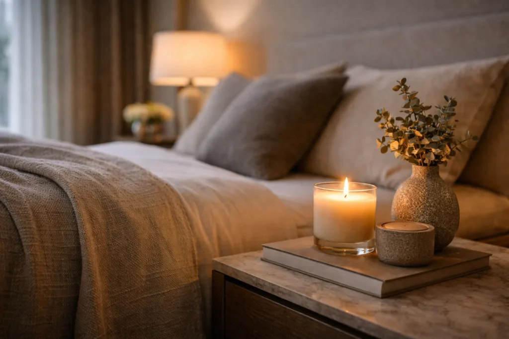 Best Luxury Candles for Interior Design Spaces: How Designers Add Depth, Mood, and Value 3 luxury scented candle glowing on bedside table in modern bedroom interior creating relaxing atmosphere