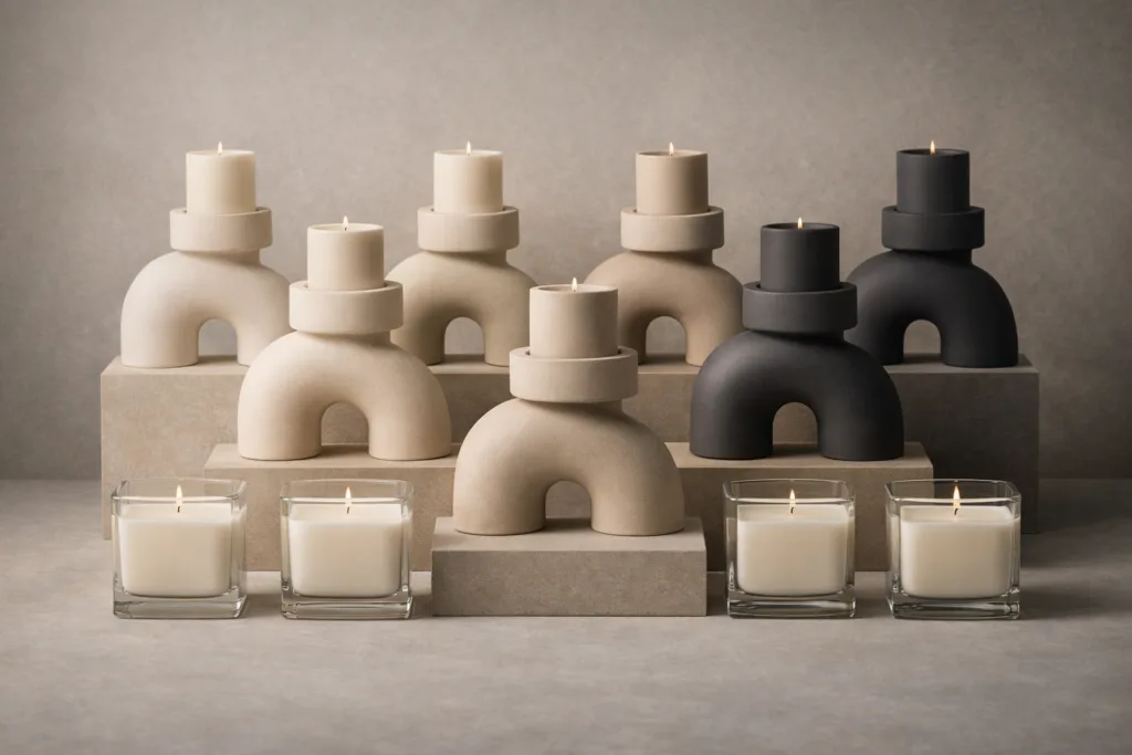The Luxury Playbook: What Candle Brands Can Learn from Fashion Houses 5 Conceptual image of luxury candle brand architecture system, layered components including vessel, fragrance bottle, packaging and logistics structure arranged in exploded view layout