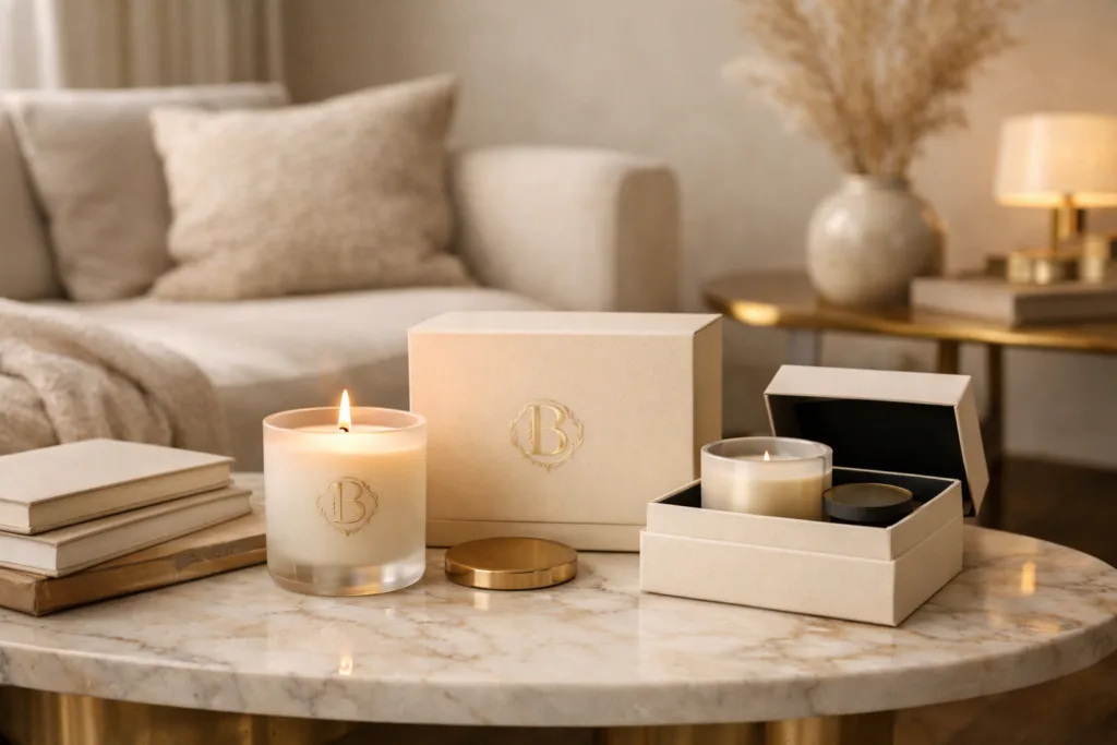 Best Luxury Candle Strategy: Why Custom Luxury Candles Are the Smartest Way to Build a Premium Brand 1 luxury candle branding scene with premium packaging and glass jar candles in neutral beige interior creating high end lifestyle atmosphere