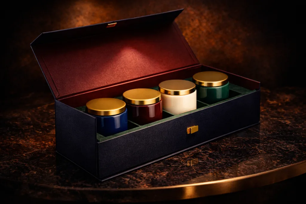 Top 10 Candle Trends 2026 for Private Label Brands 5 Luxury rigid magnetic candle gift box with custom insert and multiple coordinated candle jars designed for corporate gifting and wholesale