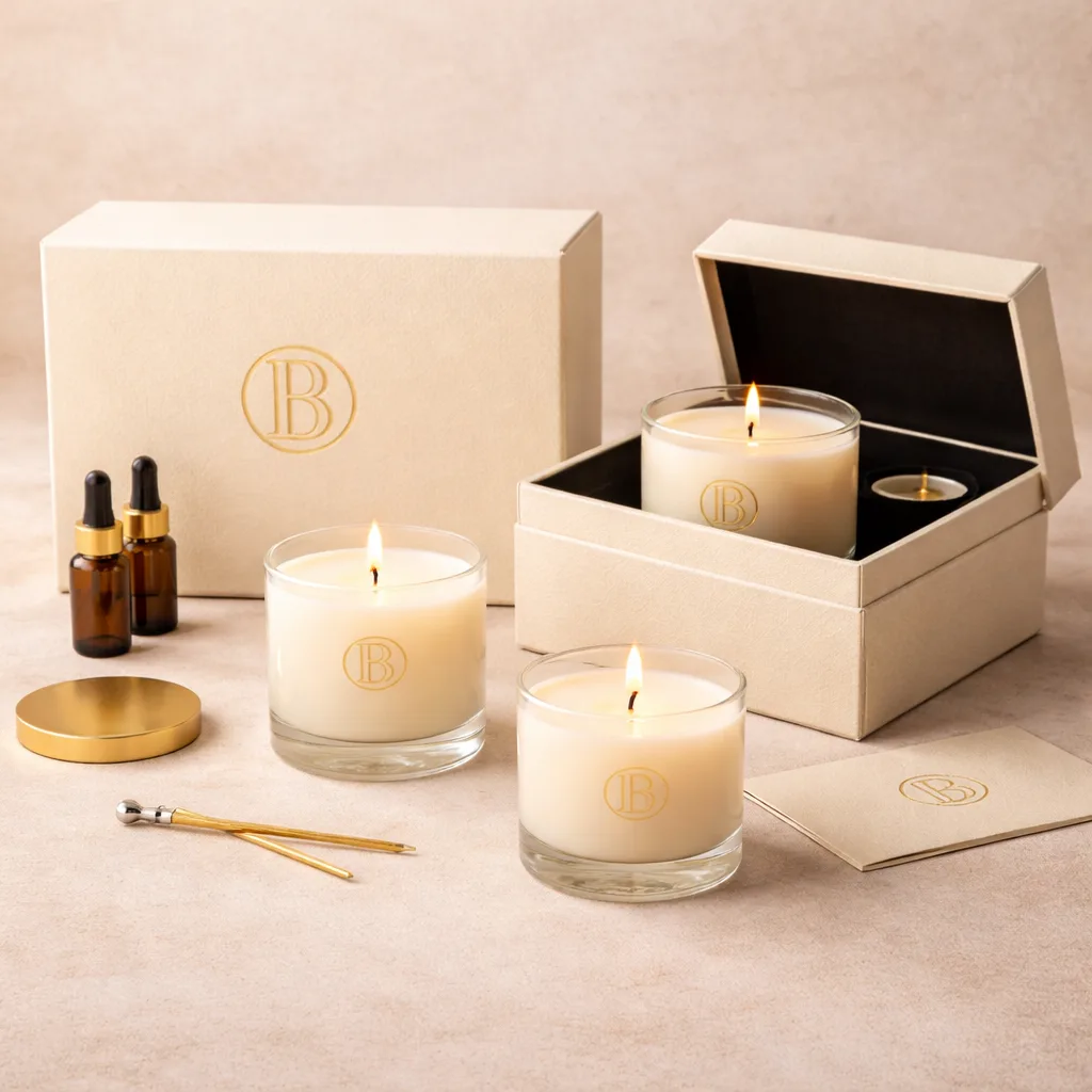 Best Luxury Candle Strategy: Why Custom Luxury Candles Are the Smartest Way to Build a Premium Brand 5 luxury candle gift set with rigid box packaging and multiple candles arranged in premium presentation