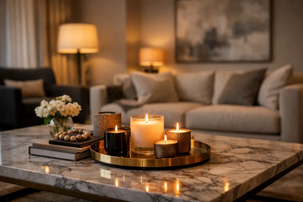 Best Luxury Candles for Interior Design Spaces: How Designers Add Depth, Mood, and Value 1 luxury scented candles styled on a marble coffee table in a modern designer living room creating warm interior design atmosphere