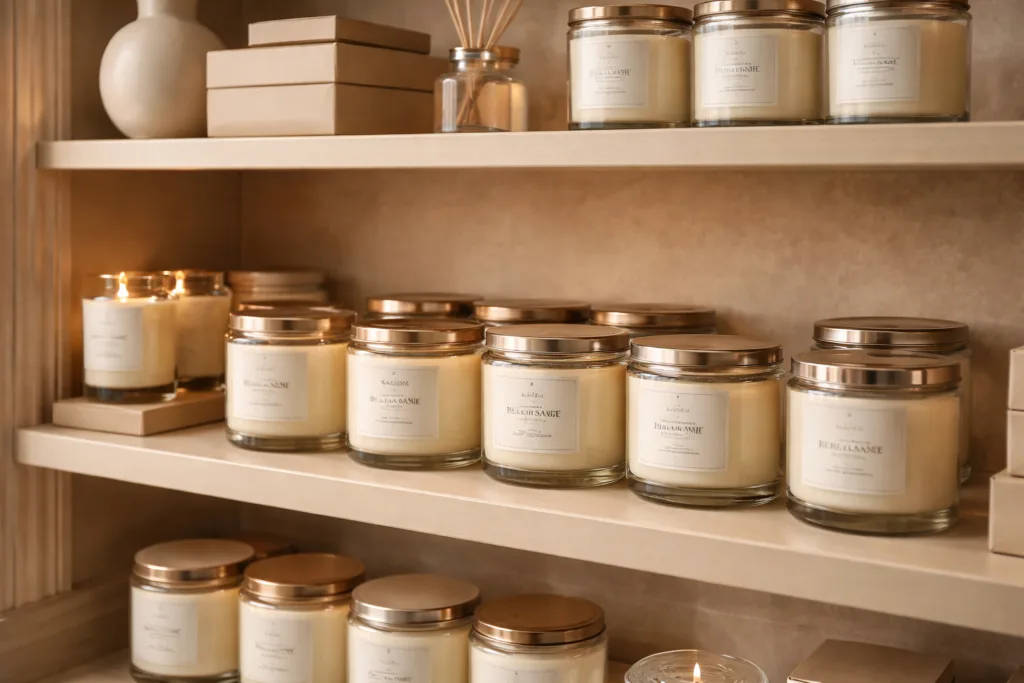Jar Candles vs Shaped Candles vs Wax Melts: Which Sells Best for Your Brand? 2 luxury scented glass jar candles displayed on boutique retail shelves showing premium private label candle packaging