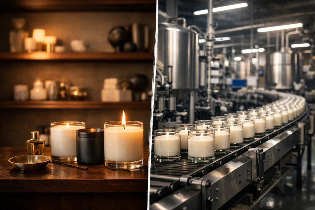 Top 9 Ways Manufacturers Quietly Support Retail Brands (That Most People Never See) 1 split scene showing luxury candle retail display and factory production line behind the scenes illustrating how manufacturers support retail brands