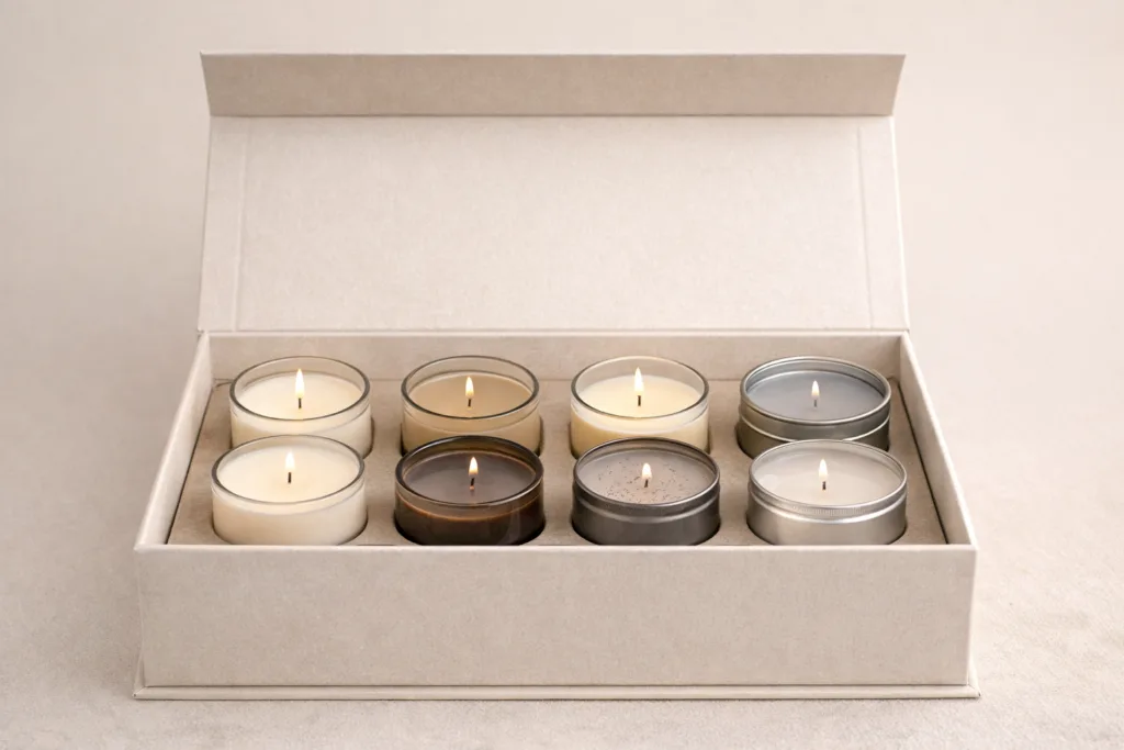 Top 10 Candle Gift Set Ideas That Retailers Can Sell All Year 2 mini candle discovery gift set with six small scented candles arranged in a luxury sampler box fragrance exploration set for boutique retail