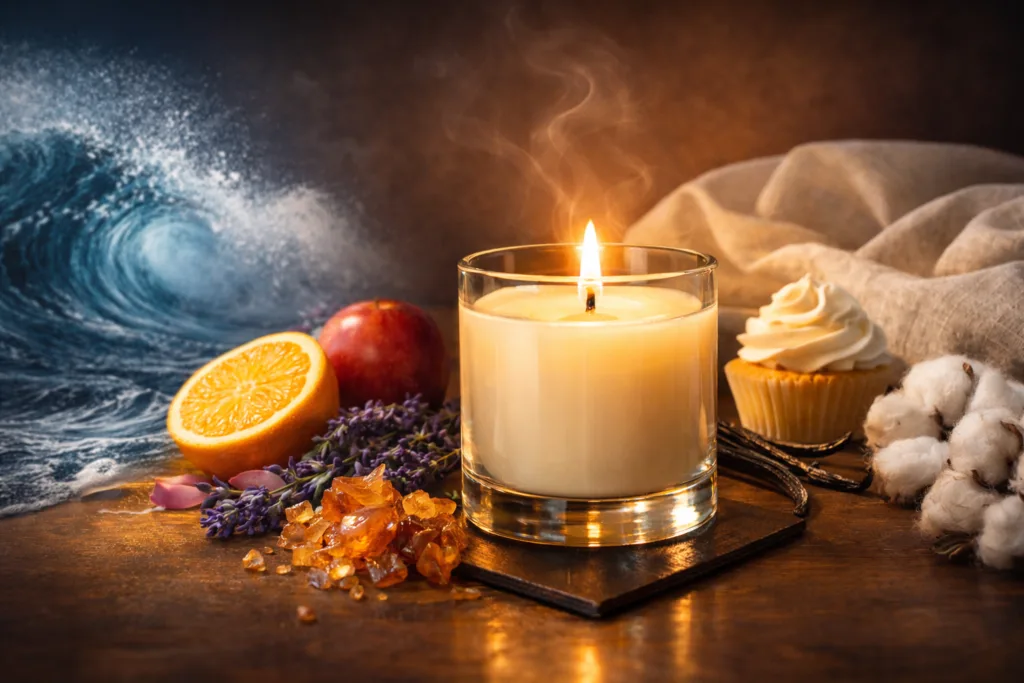Essential Oils vs Fragrance Oils in Candles: What Brands Don’t Tell You 4 different fragrance inspirations including ocean vanilla cotton and fruits around scented candle