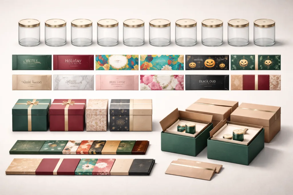 Top 12 Weaknesses of Seasonal Candle Collections 5 Exploded view layout of modular candle system including shared glass vessel, interchangeable labels, gift sleeves and rigid box packaging, organized grid composition, professional studio lighting
