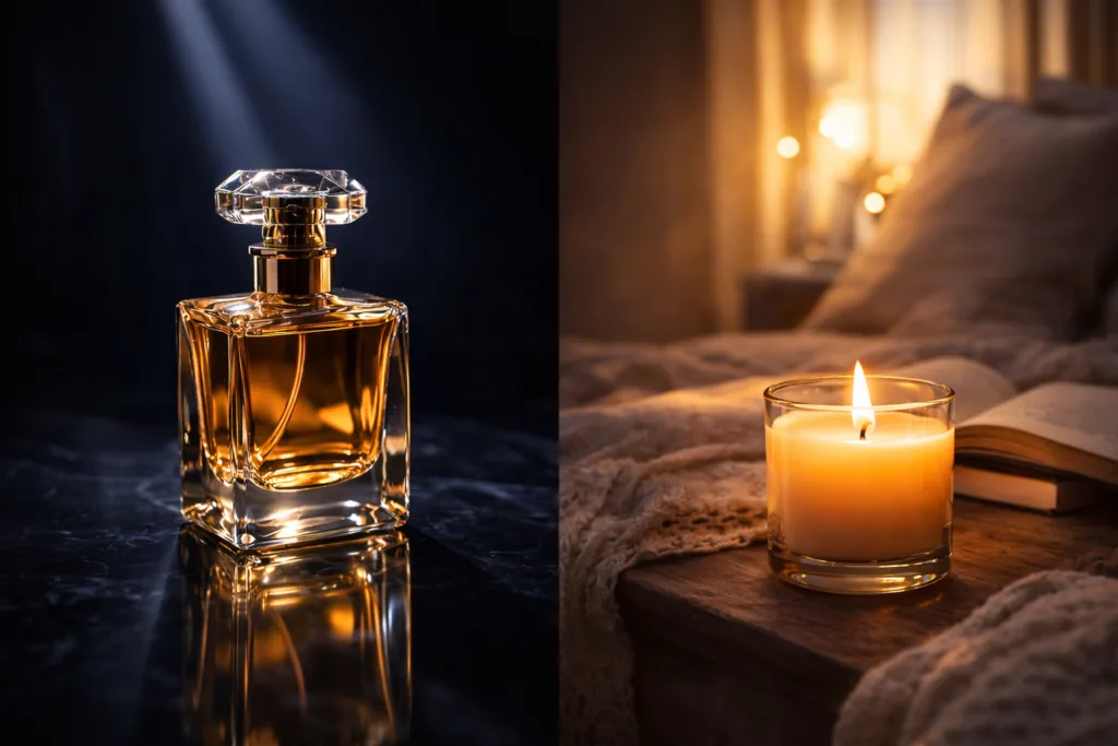 From Perfume to Candles: The Emotional Economics of Scent 3 side by side comparison of luxury perfume bottle and warm scented candle showing identity versus atmosphere