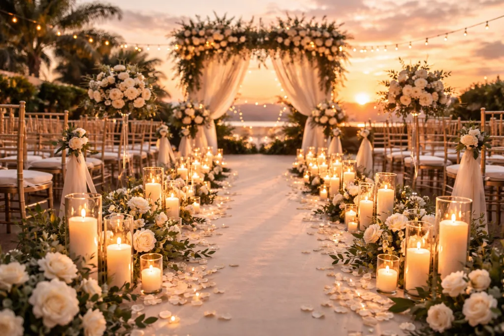 Best Bulk Candles for Wedding: A Complete Wholesale Buying Guide 3 wedding ceremony aisle decorated with pillar candles in glass holders romantic outdoor wedding setup warm lighting