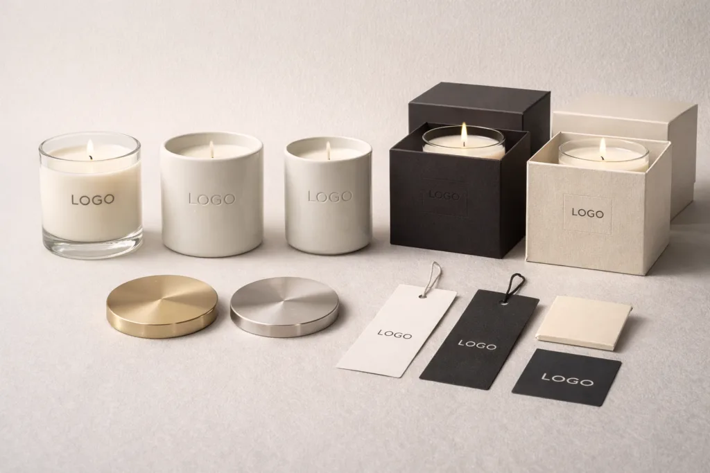 Best Custom Candles with Logo Wholesale for Private Label Brands 2 Different levels of private label candle customization including logo printing, embossed ceramic vessels and luxury branded packaging