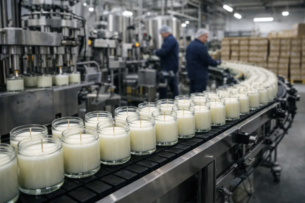 Private Label vs Building Your Own Brand: A Strategic Comparison for Candle Entrepreneurs and Growing Retail Brands 2 industrial candle factory producing large quantities of private label glass jar candles on a production line