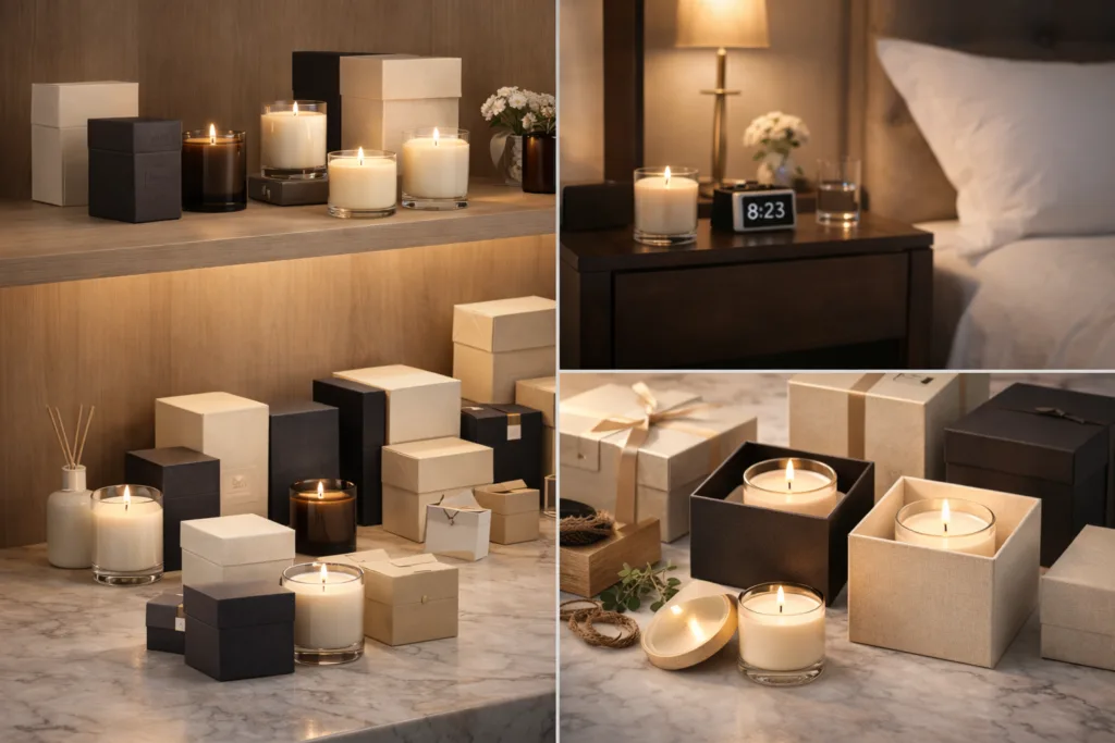 Best Custom Candles with Logo Wholesale for Private Label Brands 5 Private label candles displayed in boutique retail hotel hospitality and corporate gifting environments