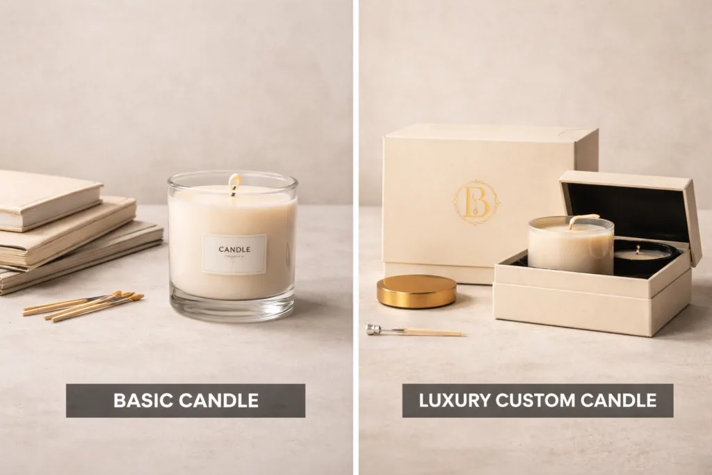 Best Luxury Candle Strategy: Why Custom Luxury Candles Are the Smartest Way to Build a Premium Brand 3 side by side comparison between basic private label candle and custom luxury candle with premium packaging and branding