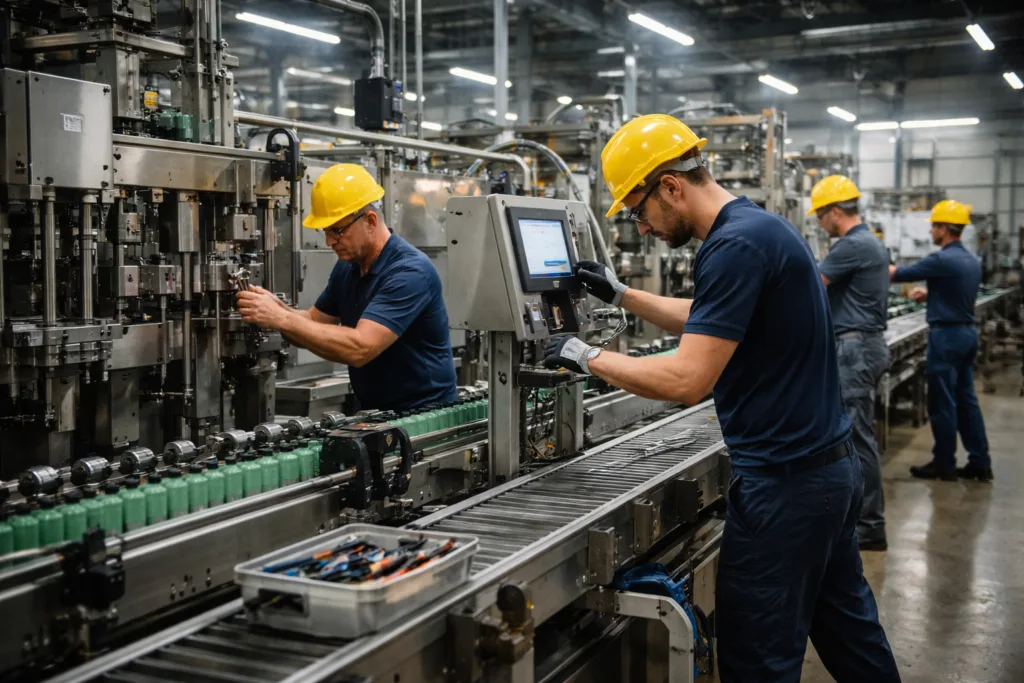Why Do Manufacturers Require MOQ? The Real Business Logic Behind Minimum Order Quantities 3 Factory workers adjusting manufacturing equipment during production line changeover between product runs