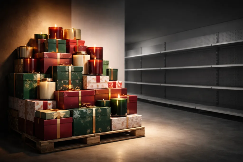 Top 12 Weaknesses of Seasonal Candle Collections 3 Luxury holiday candle gift sets left unsold after season, slightly dusty boxes stacked in warehouse setting, natural cool lighting, realistic commercial photography