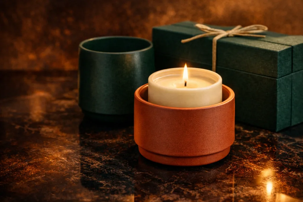 Top 10 Candle Trends 2026 for Private Label Brands 2 Premium refillable candle system with ceramic vessel and removable wax insert designed for sustainable private label candle brands
