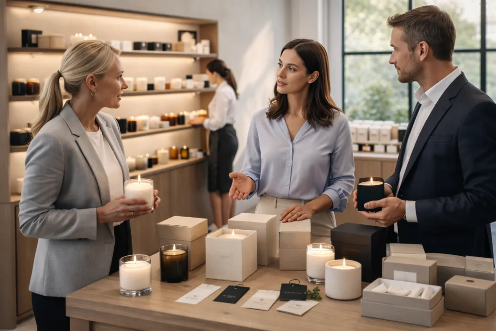 Best Custom Candles with Logo Wholesale for Private Label Brands 4 Retail buyers reviewing private label candle products and packaging in a professional showroom environment