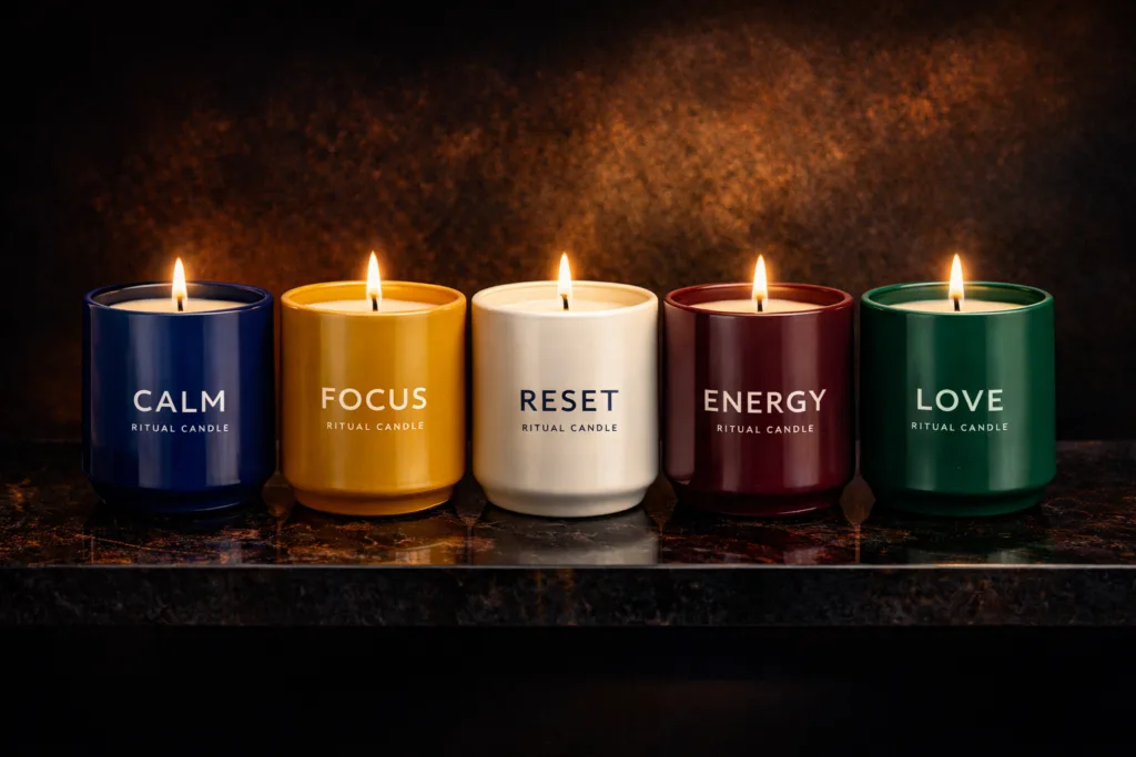 Top 10 Candle Trends 2026 for Private Label Brands 4 Color-coded ritual candle collection with bold vibrant vessels representing calm, focus, reset and energy themes for private label retail