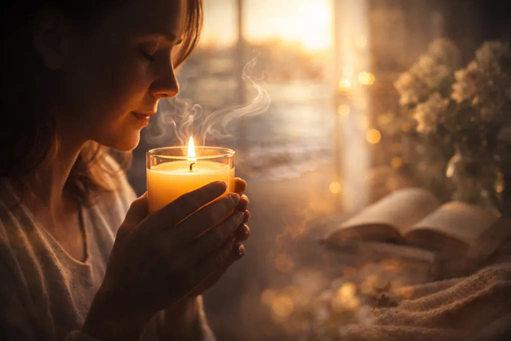 From Perfume to Candles: The Emotional Economics of Scent 2 person smelling scented candle with dreamy nostalgic atmosphere representing how scent triggers emotional memories