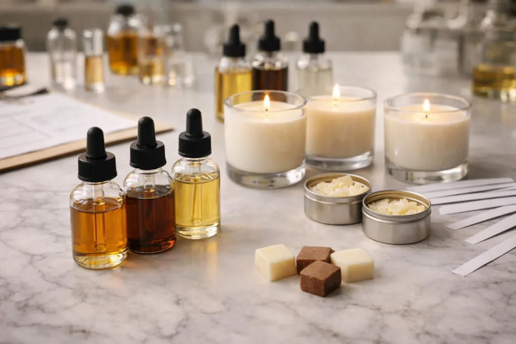How We Helped a Startup Launch Their Candle Line 4 fragrance oil bottles scent strips and wax samples used in scented candle fragrance development