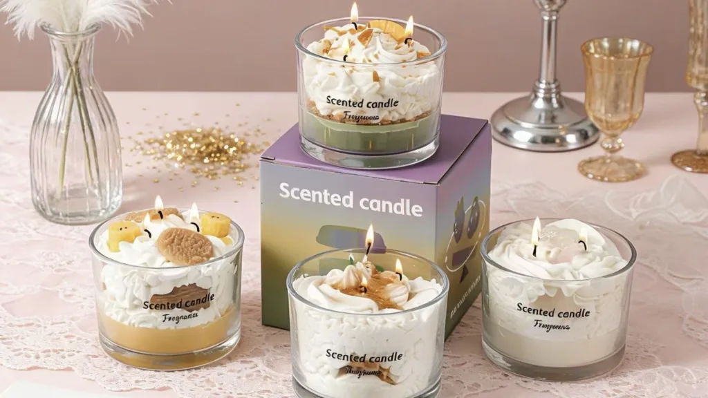 Best Budget Candle Brand Start: Dessert Handmade Candles 3 Luxury scented dessert candles in glass jars with creamy wax topping, displayed as an elegant gift set