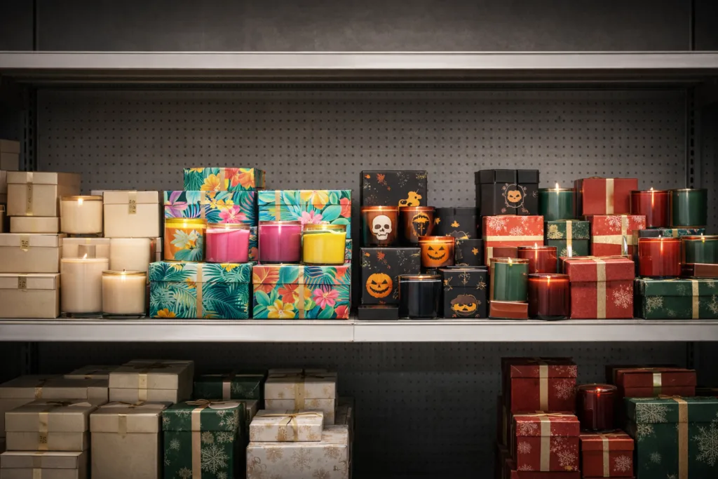 Top 12 Weaknesses of Seasonal Candle Collections 4 Side by side display of candle collections in completely different design styles including minimal luxury, bright tropical, Halloween dark theme and festive Christmas red, visual brand inconsistency concept