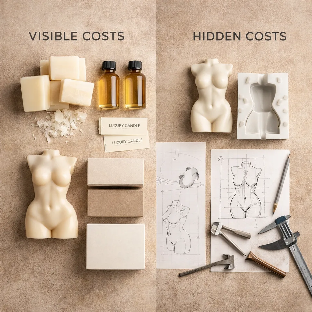 Why Shaped Candle Mold Cost Matters More Than Wax 2 flat lay showing visible and hidden costs of shaped candle including wax, packaging, and mold development process