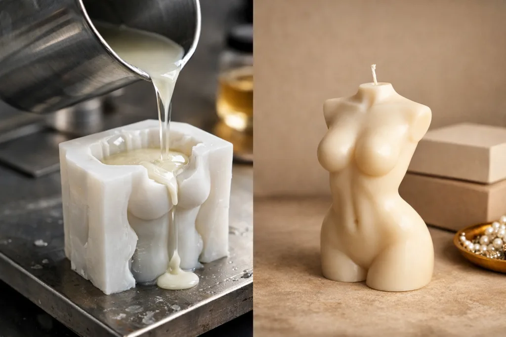comparison between silicone candle mold and finished shaped candle showing tooling cost behind production